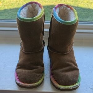 UGG Short Brown Shearling Boots with Rainbow Trim